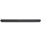 Black Bluesound Pulse Cinema soundbar and TV speaker on a table, showcasing sleek design and front-facing speaker grille.