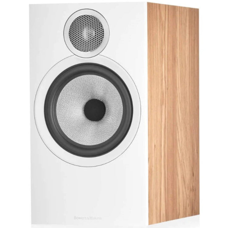 Bowers & Wilkins 606 S3 passive bookshelf speaker in oak finish, showcasing its stylish design and speaker grille.