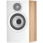 Bowers & Wilkins 607 S3 passive bookshelf speaker in oak wood finish, showcasing its compact design and sleek speaker grille.