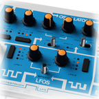 Novation Bass Station II Swifty Edition synthesizer with black and white design, featuring control knobs and a small display.