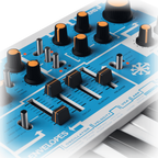 Novation Bass Station II Swifty Edition synthesizer with knobs, buttons, and keyboard controls on a sleek black unit.