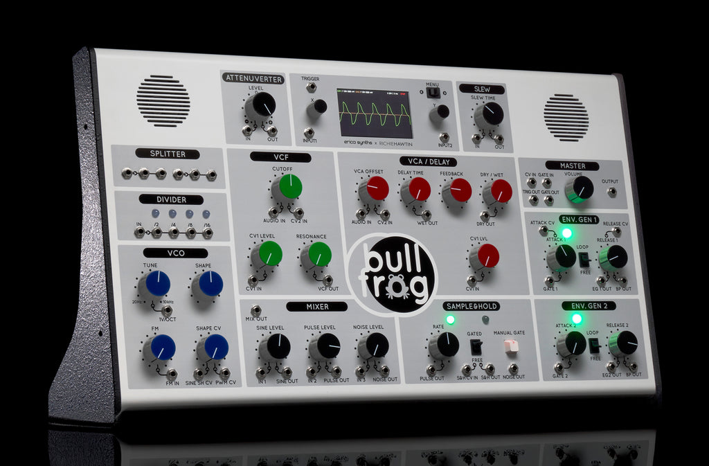 Erica Synths Bullfrog XL desktop synthesizer with multiple knobs, patch points, and a compact black design.