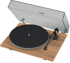 Pro-Ject T1 EVO turntable with sleek wooden plinth, tonearm and platter, showcasing modern audio equipment design.