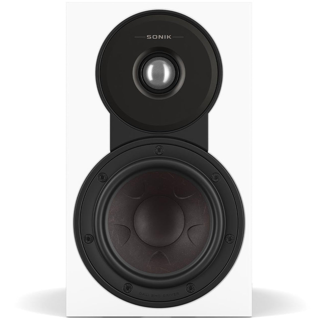 DALI Sonik 1 passive bookshelf speakers with black finish, compact design, and front grille for high-quality audio performance.