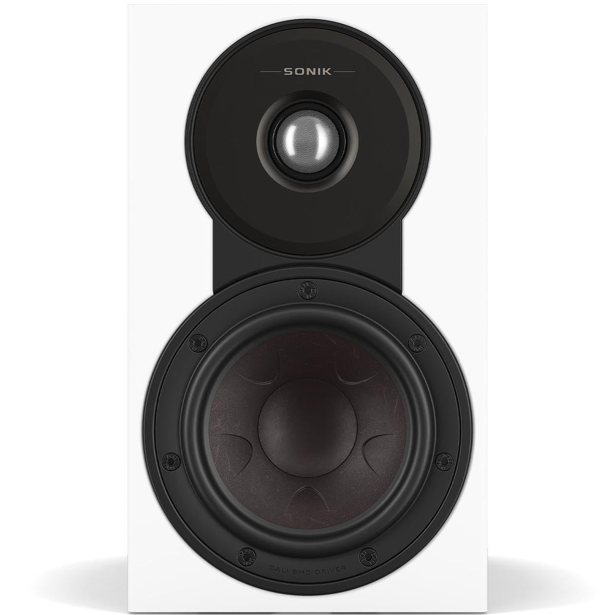 DALI Sonik 1 passive bookshelf speakers with black finish, compact design, and front grille for high-quality audio performance.