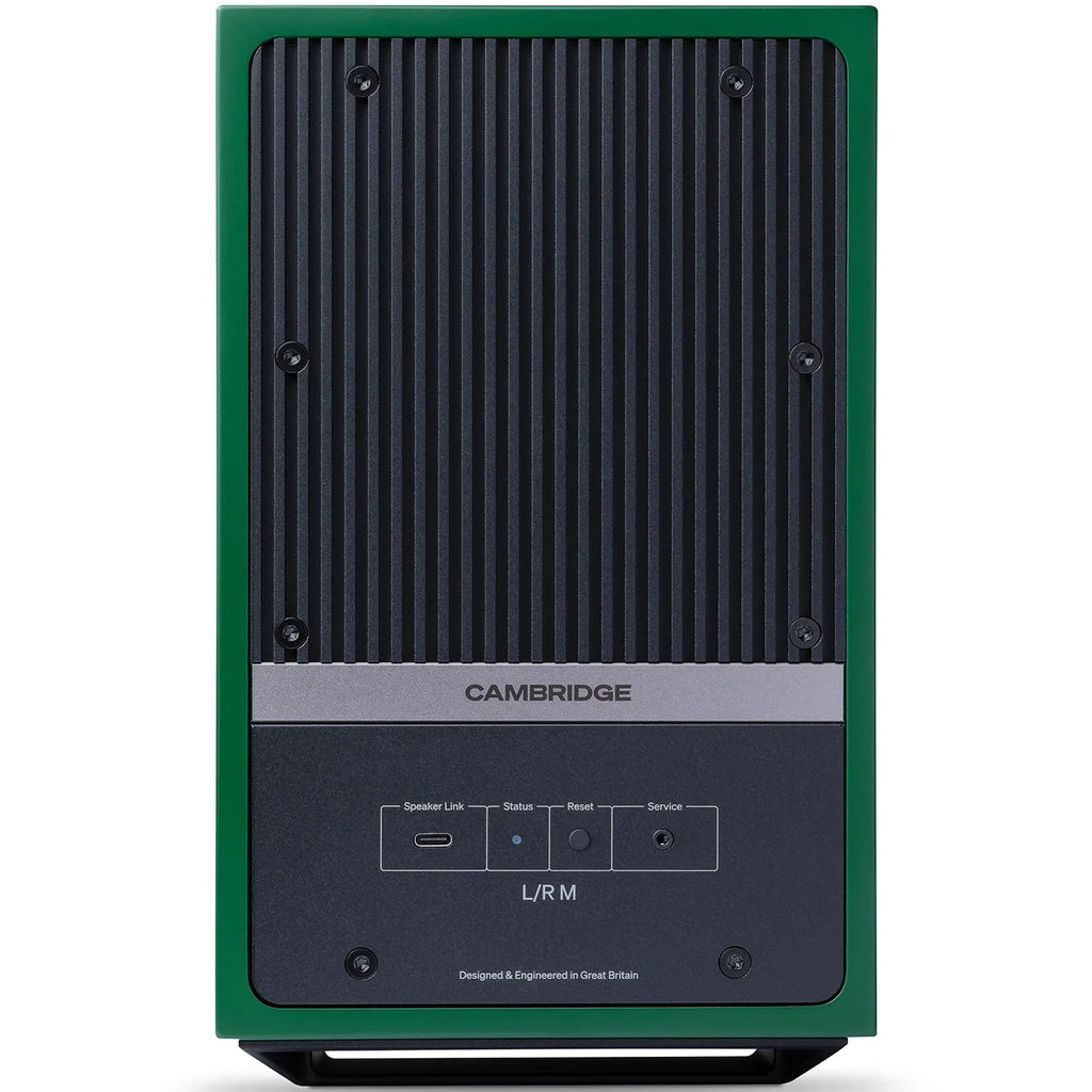 Cambridge Audio L/R M active bookshelf speakers, green, front view