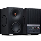 Cambridge Audio L/R M active bookshelf speakers, black, front view