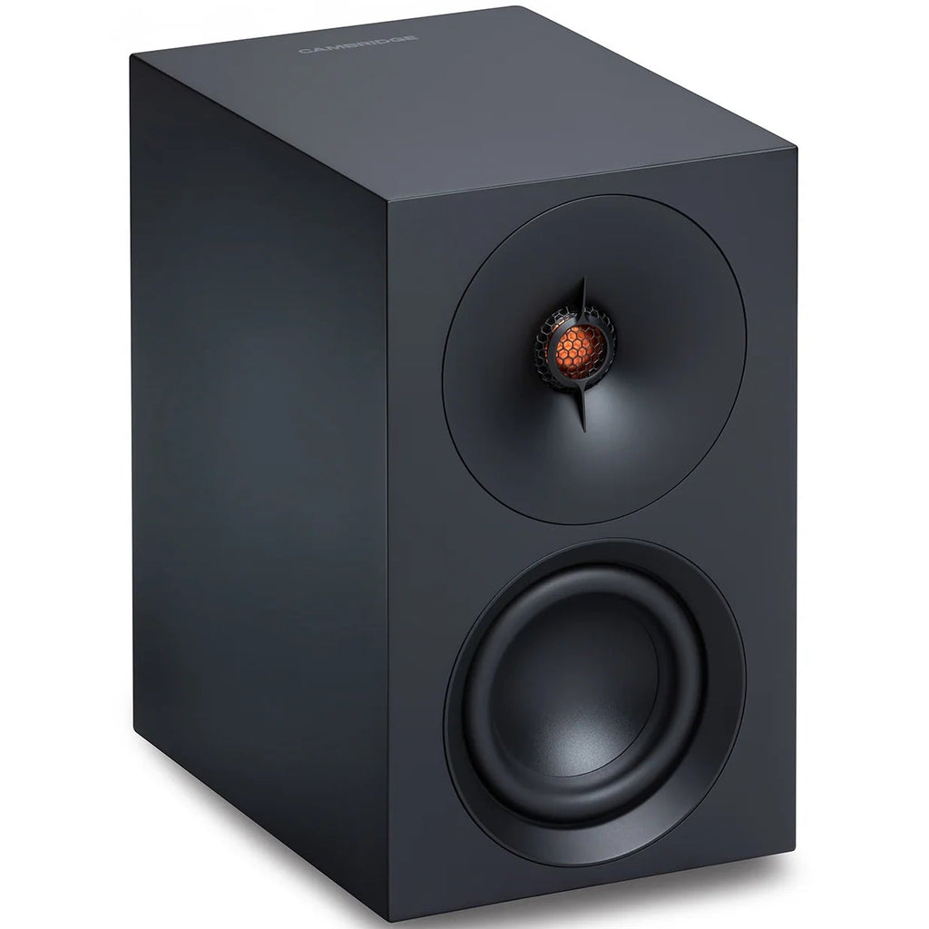 Cambridge Audio L/R S active bookshelf speakers, black, front view