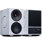 Cambridge Audio L/R X active bookshelf speakers, white, front view