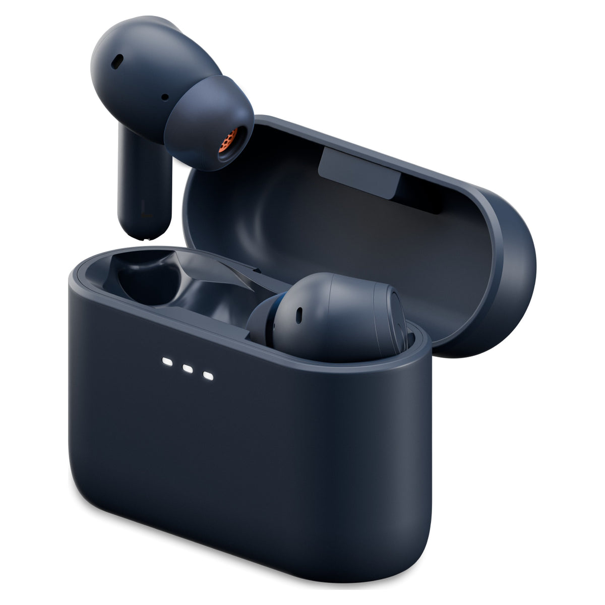 Cambridge Audio Melomania A100 SE earbuds in open charging case, Blue