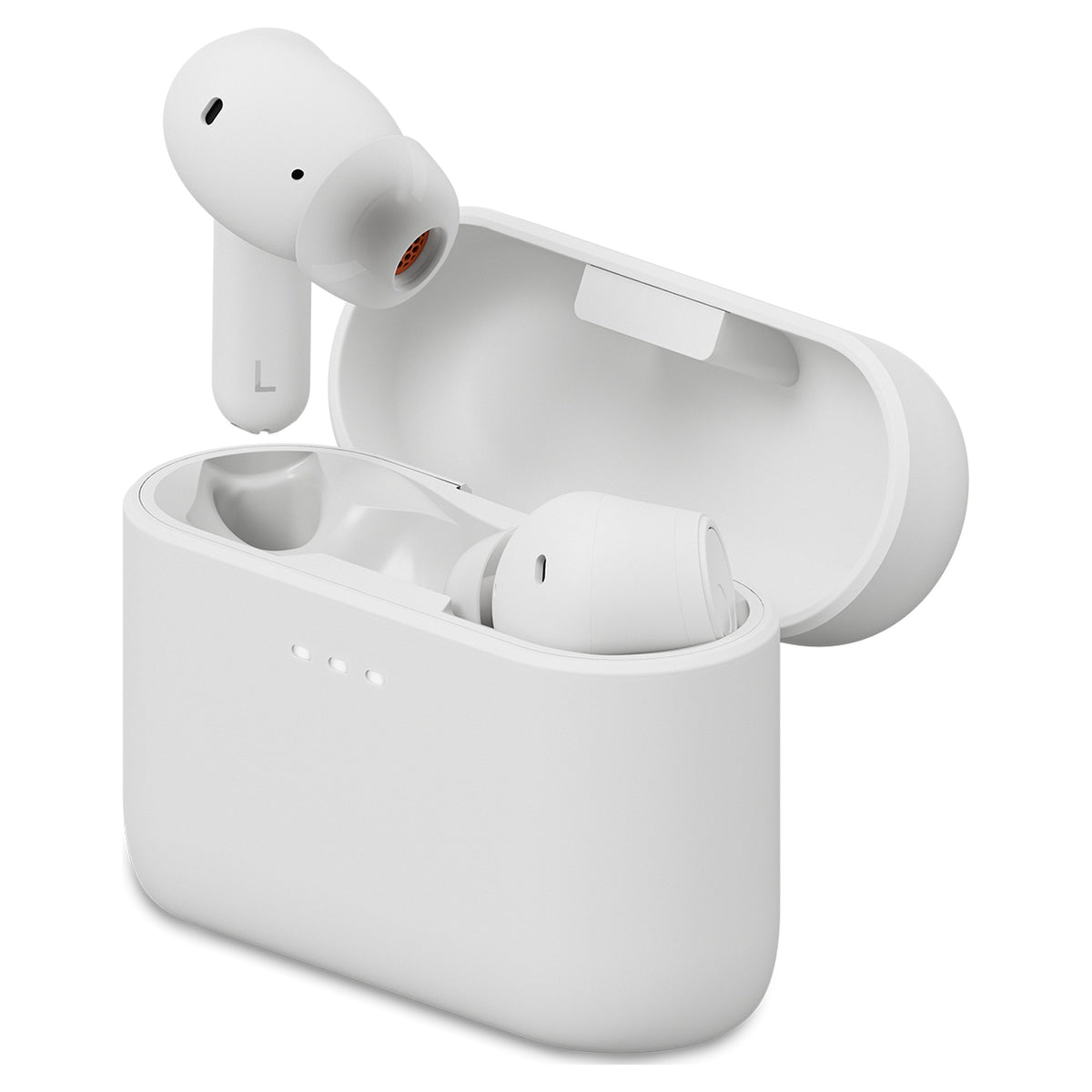 Cambridge Audio Melomania A100 SE earbuds in open charging case, White