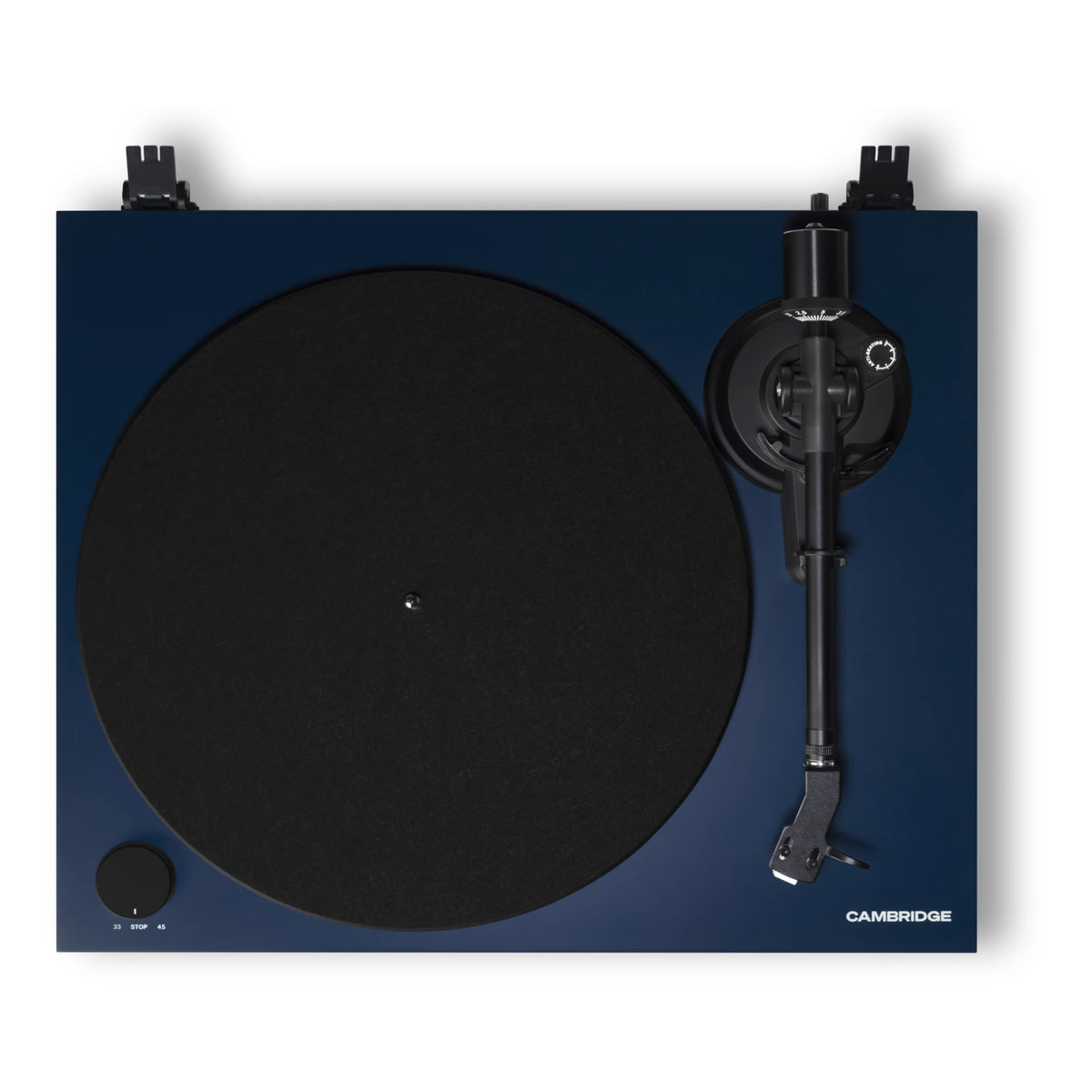 Cambridge Audio Spira turntable in Blue, top-down view of platter and tonearm