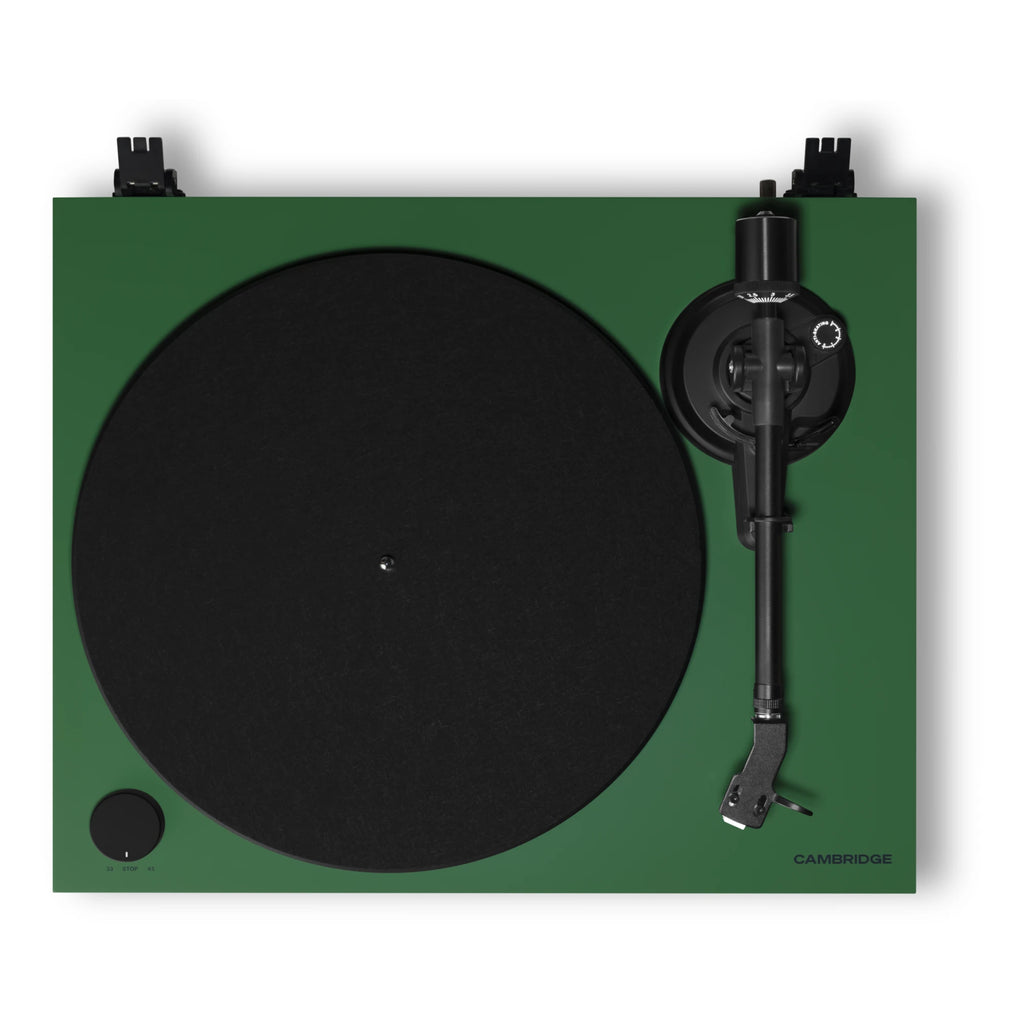 Cambridge Audio Spira turntable in Green, top-down view of platter and tonearm