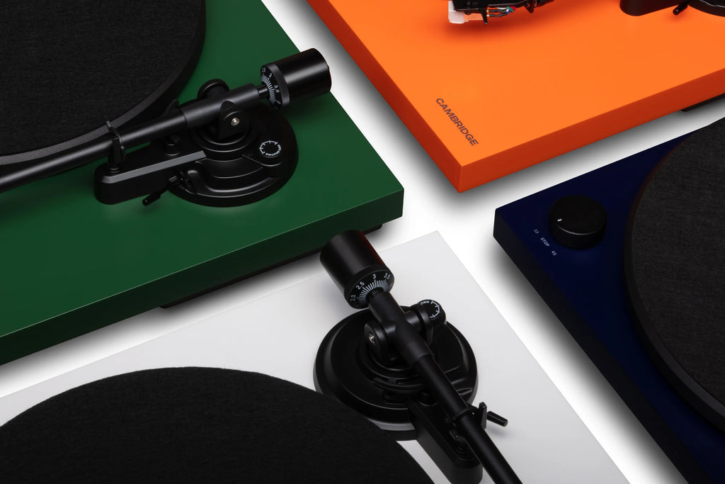 Cambridge Audio Spira turntables in Green, Orange, Blue and White seen from above