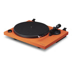 Cambridge Audio Spira belt-drive turntable in Orange with the dust cover removed