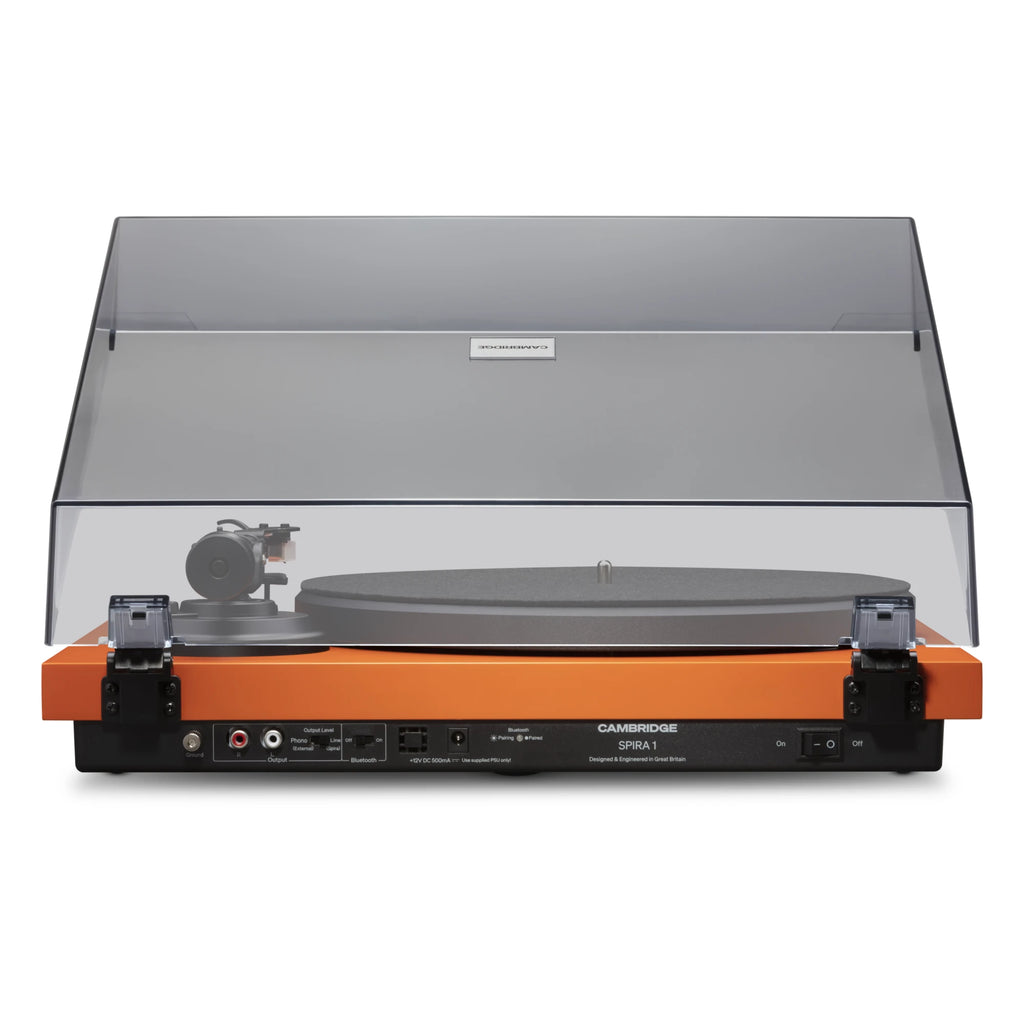 Cambridge Audio Spira turntable in Orange, rear panel with RCA output, phono switch and Bluetooth
