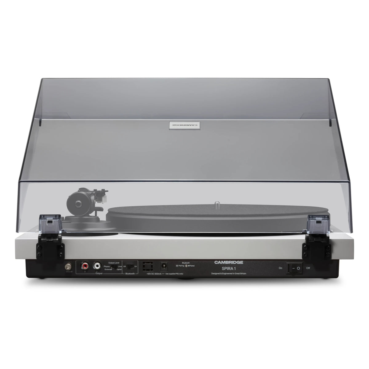 Cambridge Audio Spira turntable in White, rear panel with RCA output, phono switch and Bluetooth