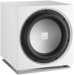 DALI Sub E-12 F subwoofer with black enclosure and control panel, designed for deep bass in high-performance home audio systems.