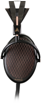 Audeze CRBN2 wired headphones featuring sleek design with ear cups and headband, shown from a side view.
