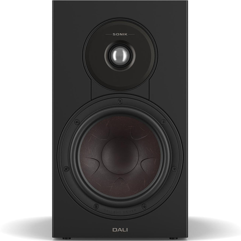 DALI Sonik 3 passive bookshelf speakers with black finish, featuring compact design and front grille, suitable for home audio setup.