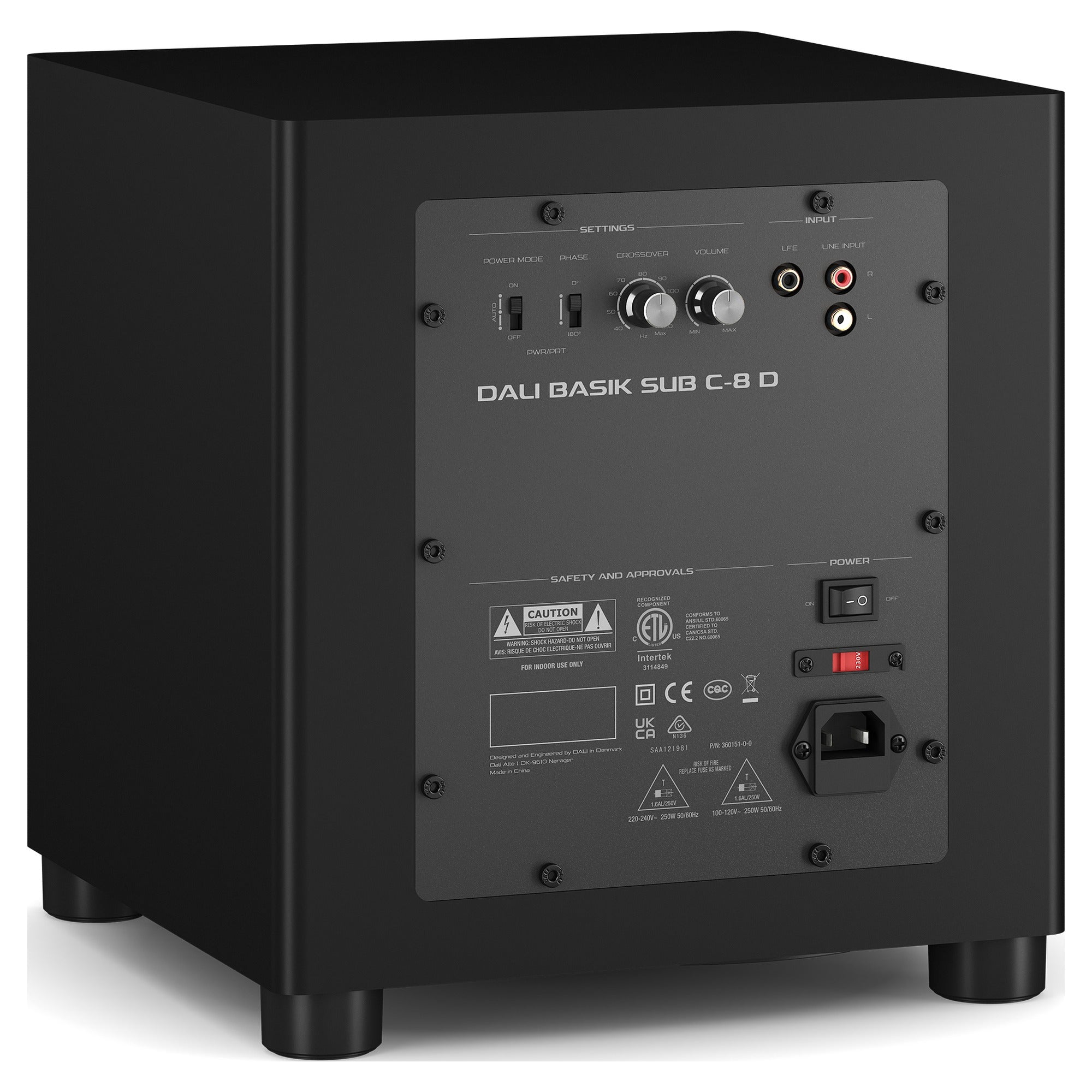 Dali Basik Sub rear panel with gain, crossover and phase controls, stereo line and LFE RCA inputs