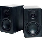DALI Kupid passive bookshelf speakers shown with sleek black cabinets and compact design for high-quality audio performance.