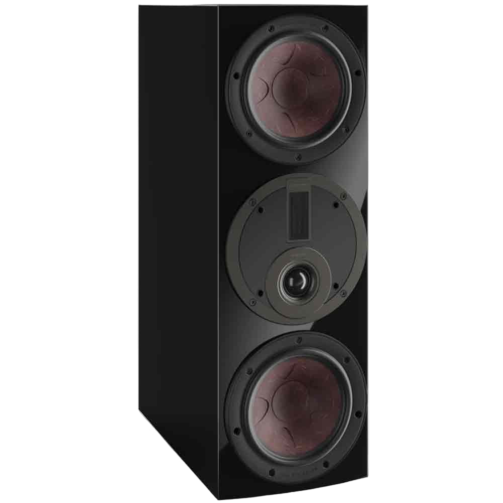 DALI Rubikore Cinema center speaker in high gloss black, showcasing sleek design and front grille, ideal for home theater audio.