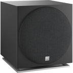 DALI Sub E-12 F subwoofer with sleek black enclosure and driver, designed for deep bass in home audio systems.