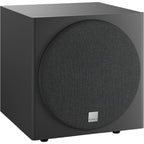 DALI Sub E-9 F subwoofer with sleek black enclosure and front-firing driver for deep bass in home audio systems.