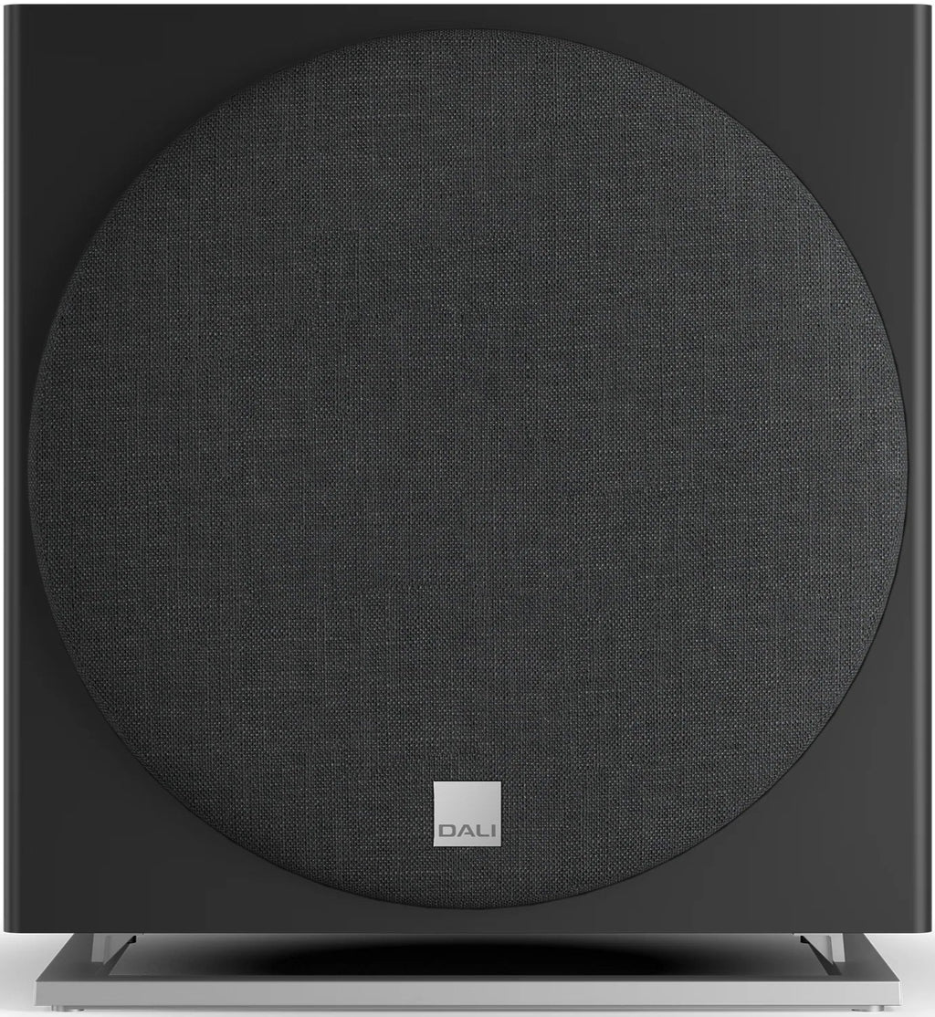 DALI Sub E-12 F black satin subwoofer showcasing its sleek design and compact size for home theater audio systems.