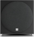 DALI Sub E-12 F black satin subwoofer showcasing its sleek design and compact size for home theater audio systems.