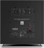 Black satin DALI Dali Sub E-12 F subwoofer with sleek design and sturdy build, showcasing its front speaker grille and control panel.