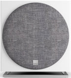DALI Sub E-12 F white satin subwoofer with sleek design, showcasing its compact size and modern finish.