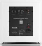 White satin DALI Sub E-12 F subwoofer with sleek design and visible speaker cone for deep bass sound.