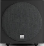 DALI Sub E-9 F black satin subwoofer showing sleek design and front grille for immersive home theater sound.