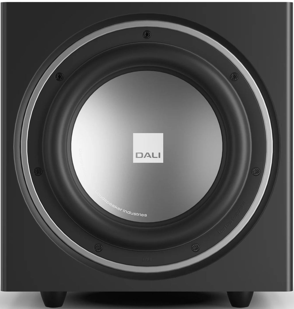 DALI Sub E-9 F black satin subwoofer with sleek design and powerful bass driver for high-quality home audio systems
