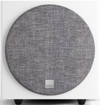 DALI Sub E-9 F white satin subwoofer with sleek design and visible speaker driver for powerful bass performance.
