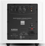 DALI Sub E-9 F white satin subwoofer with sleek design and visible driver, designed for deep bass in home audio systems.