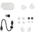 Denon PerL wireless in-ear headphones, box contents with ear tips, USB cable and dongle