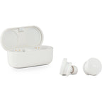 Denon PerL wireless in-ear headphones, white charging case open with earbuds