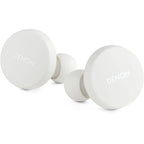 Denon PerL wireless in-ear headphones, white earbuds beside case