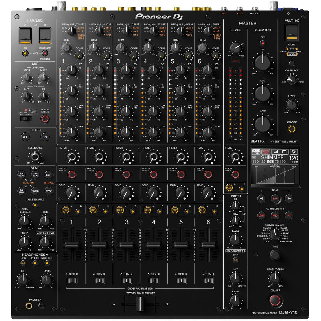 Pioneer DJM-V10 DJ mixer with multiple channels, professional controls, and colorful LED indicators on a sleek black surface.