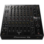 Pioneer DJM-V10 DJ mixer with multiple channels, input knobs, and professional audio controls on a sleek black surface.