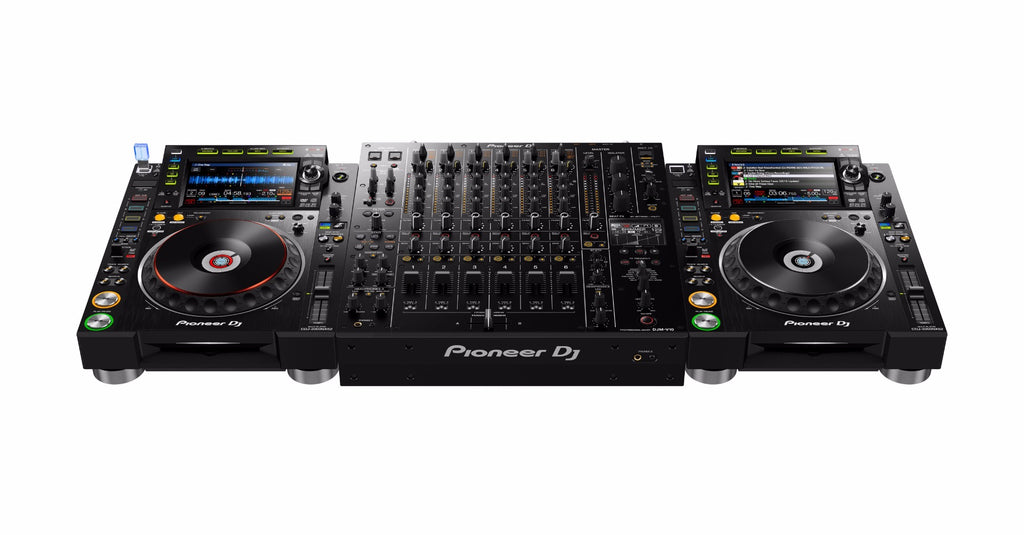 Pioneer DJM-V10 DJ mixer with multiple control knobs, faders, and digital display for professional DJ mixing.