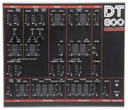 Dtronics DT-800 synthesizer with control knobs and display, showcasing its electronic interface and modern design.