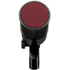 SE Electronics DynaCaster DCM8 dynamic microphone shown on a stand with a black grille and body, ideal for live sound and studio use.