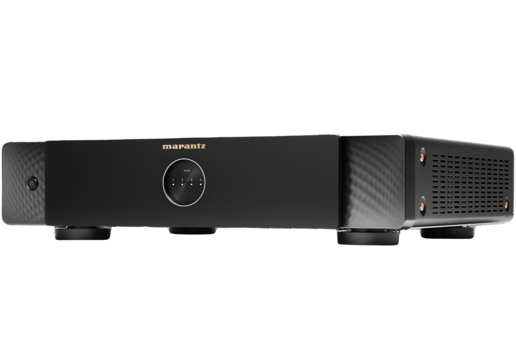 Marantz MODEL M4 stereo amplifier with sleek black design, featuring control knobs and input ports on front panel.