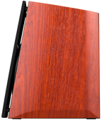 Edifier R2000DB active bookshelf speakers with wooden finish, showcasing front controls and speaker grilles on a clean background.