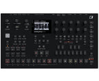Black Elektron Analog Four MK2 synthesizer with knobs and controls, showing its compact, professional electronic music instrument.
