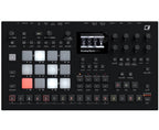 Elektron Analog Rytm MK2 synthesizer in black, showing its drum machine interface with knobs and pads for music production.